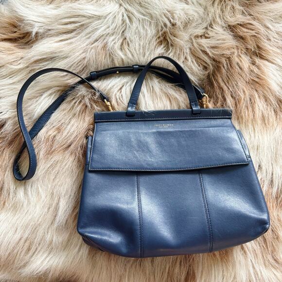 Tory Burch Royal Navy T Satchel Leather Structured Top Handle Bag - Picture 2 of 8